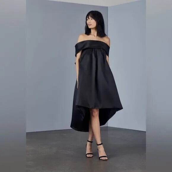 NWT Amsale P370M Black Mikado Bow Back Hi-Low Hem Trapeze Dress Women's size 6 - Picture 1 of 12